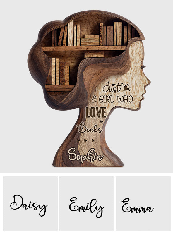 Une fille qui aime les livres - Plaque en bois personnalisée en forme de livre