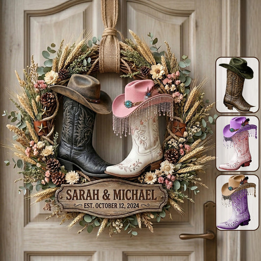 Cowboy & Cowgirl Paar. Western Hausdekoration - Personalisierte Western-Outfit Holzschild