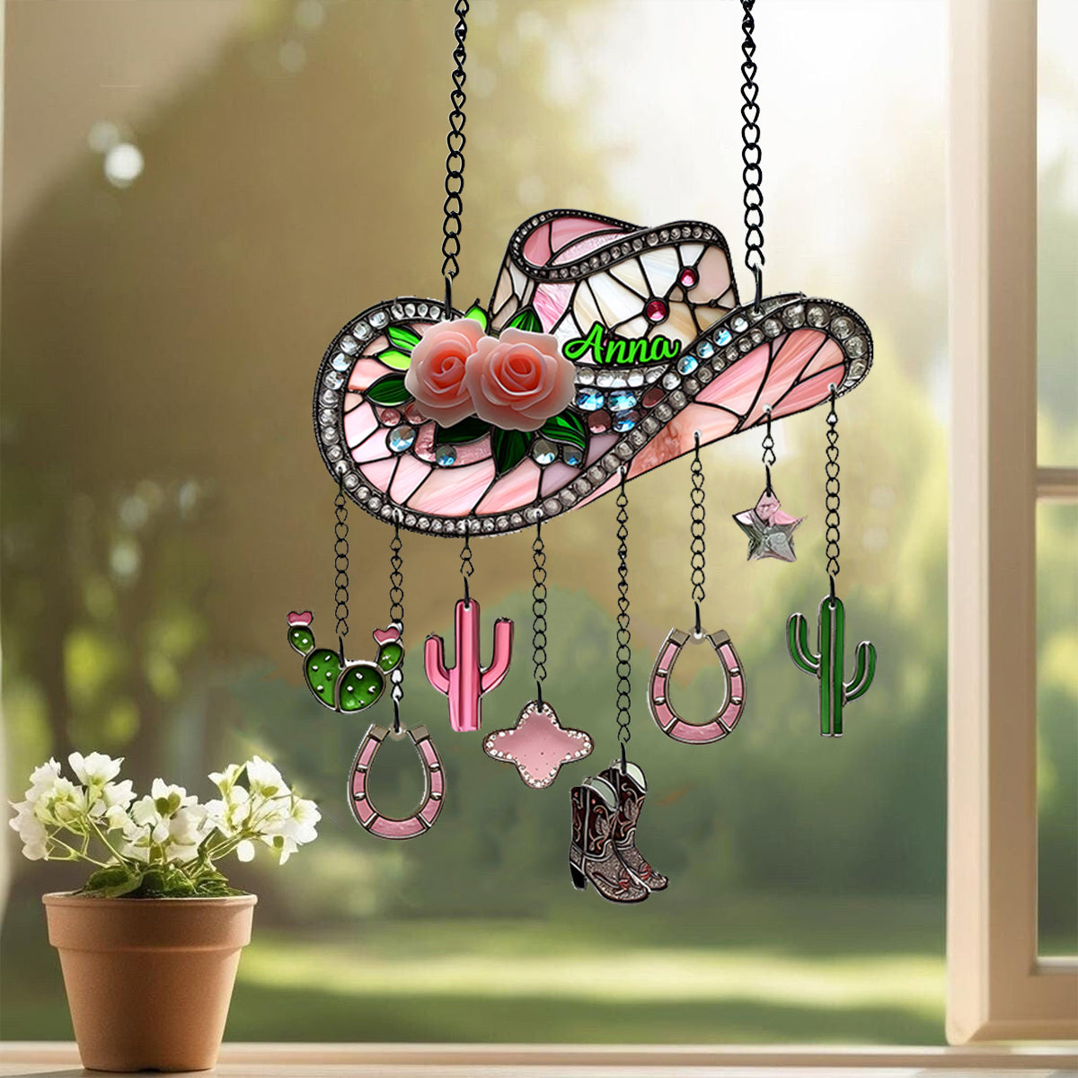 Bottes de cowgirl roses - Attrape-soleil de fenêtre personnalisé avec breloques
