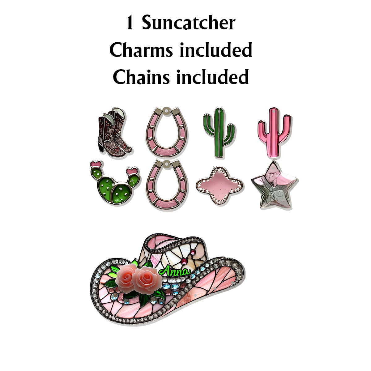 Bottes de cowgirl roses - Attrape-soleil de fenêtre personnalisé avec breloques