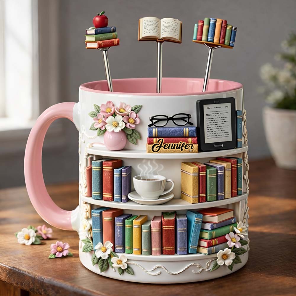 Cadeau pour les amoureux des livres - Mug personnalisé avec agitateurs en acrylique et coffret de livres