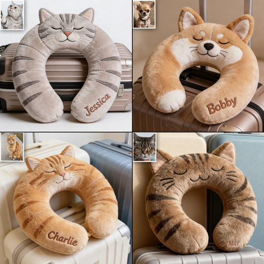 Niedliches Reisekissen mit Tiermotiv – Personalisiertes Katzenkissen aus hochwertigem Kunstfell