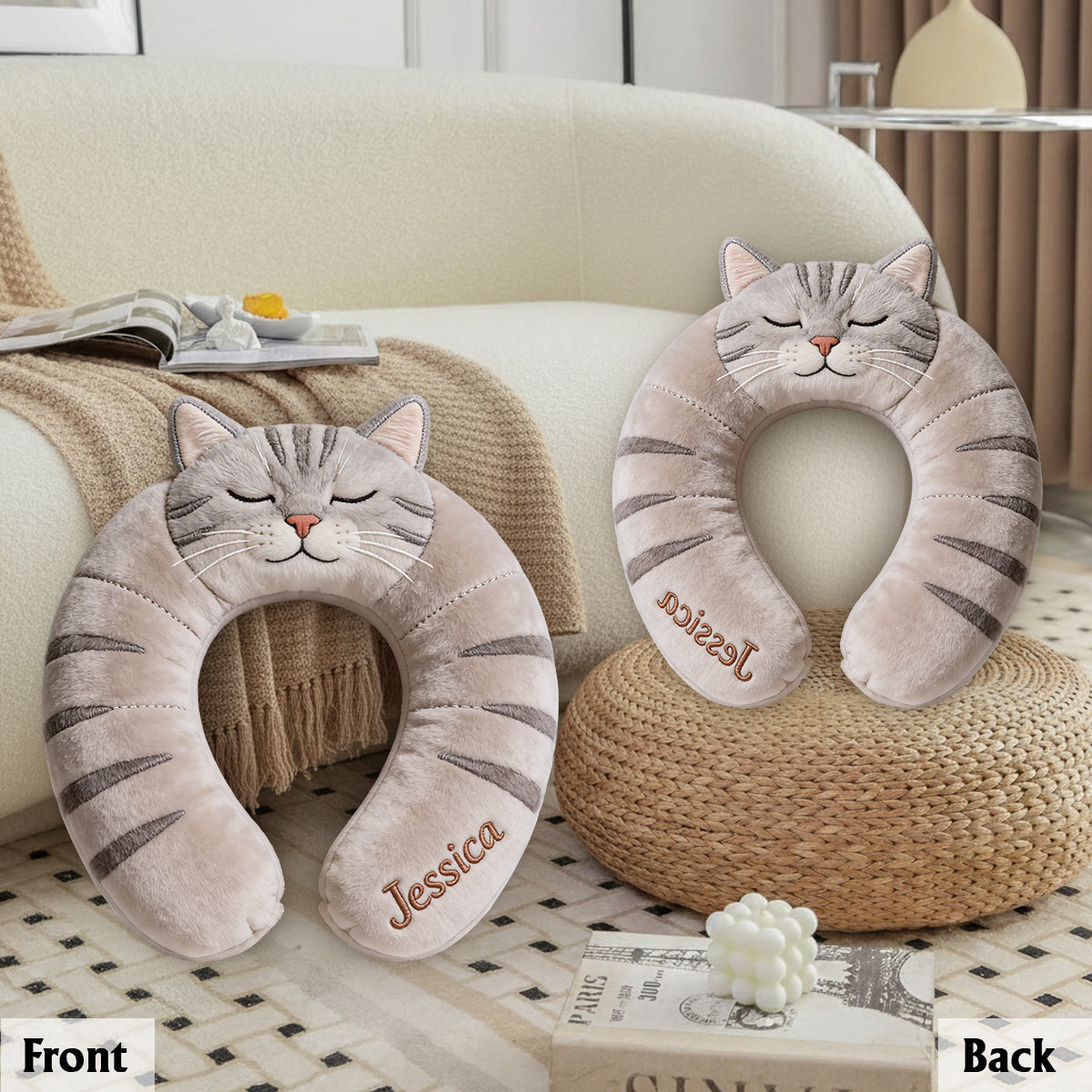 Niedliches Reisekissen mit Tiermotiv – Personalisiertes Katzenkissen aus hochwertigem Kunstfell