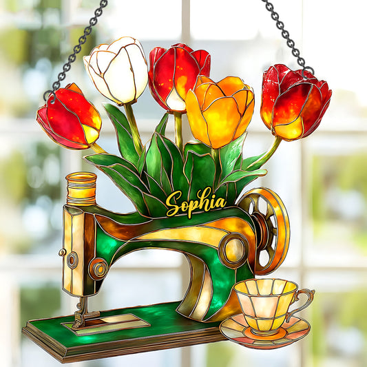 Tulipe, Couture et Thé - Ornement attrape-soleil personnalisé à suspendre à la fenêtre, sur le thème de la couture