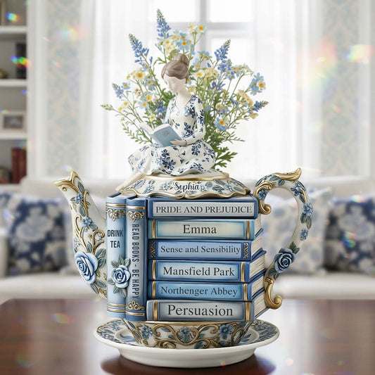 Buch- und Teeliebhaberin – Personalisierte Acryl-Blumenvase in Buchform