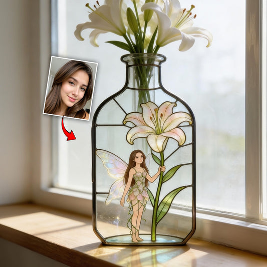 Individuell gestaltete Gartenfee mit Lieblingsblume – Personalisierte Acryl-Blumenvase in Sonderform