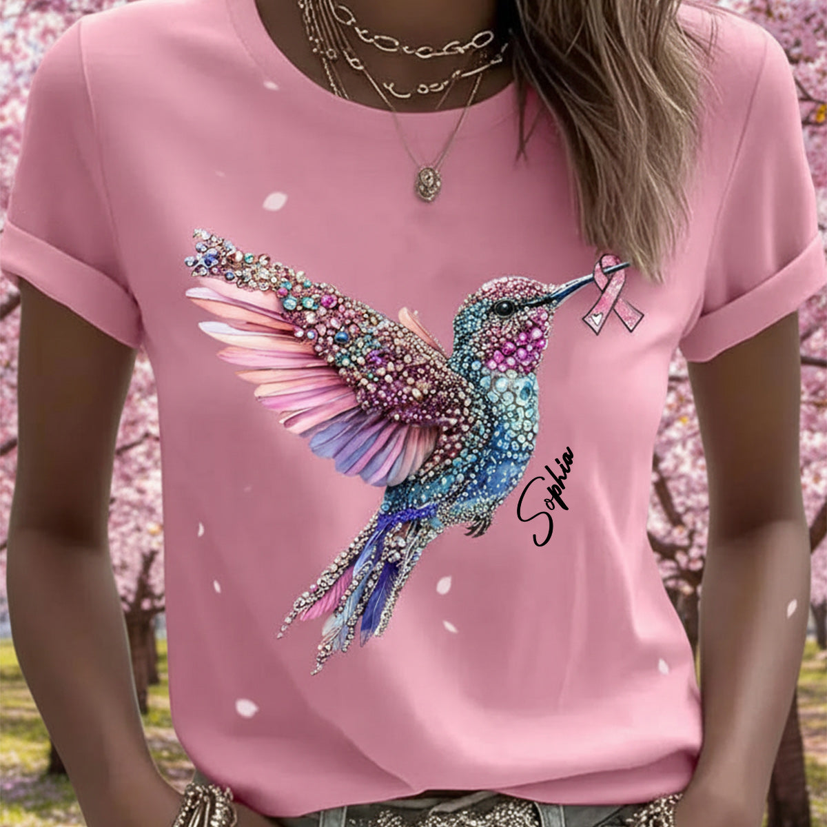 Crystal Hummingbird Pink Ribbon – Personalisiertes T-Shirt und Hoodie zur Sensibilisierung für Brustkrebs