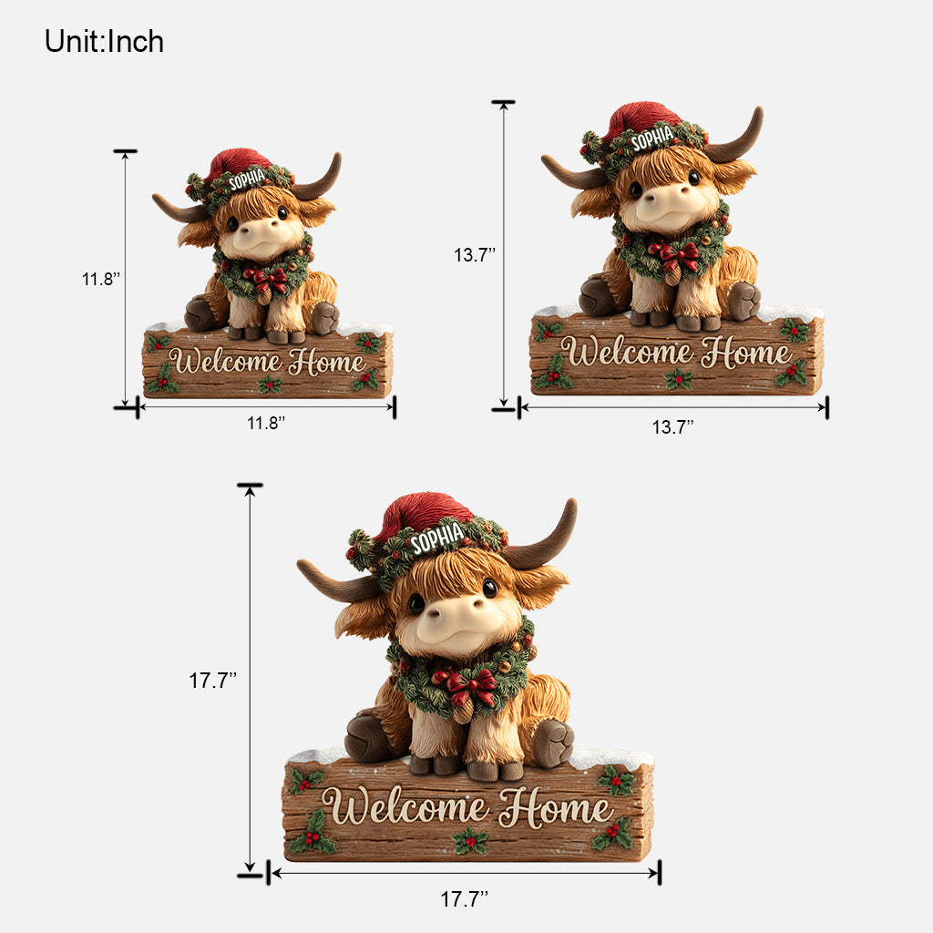 Willkommen zu Hause – Personalisiertes Holzschild in Form einer Hochlandkuh