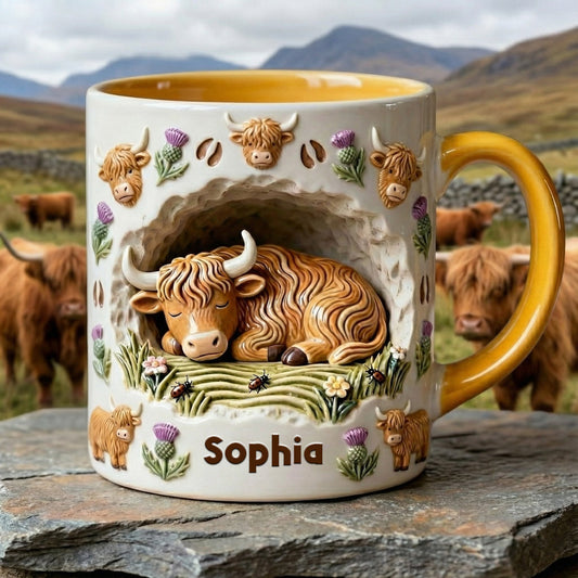 Rustikale Tasse mit Bauernhoftiermotiv – personalisierte Tasse mit Hochlandrind-Akzent