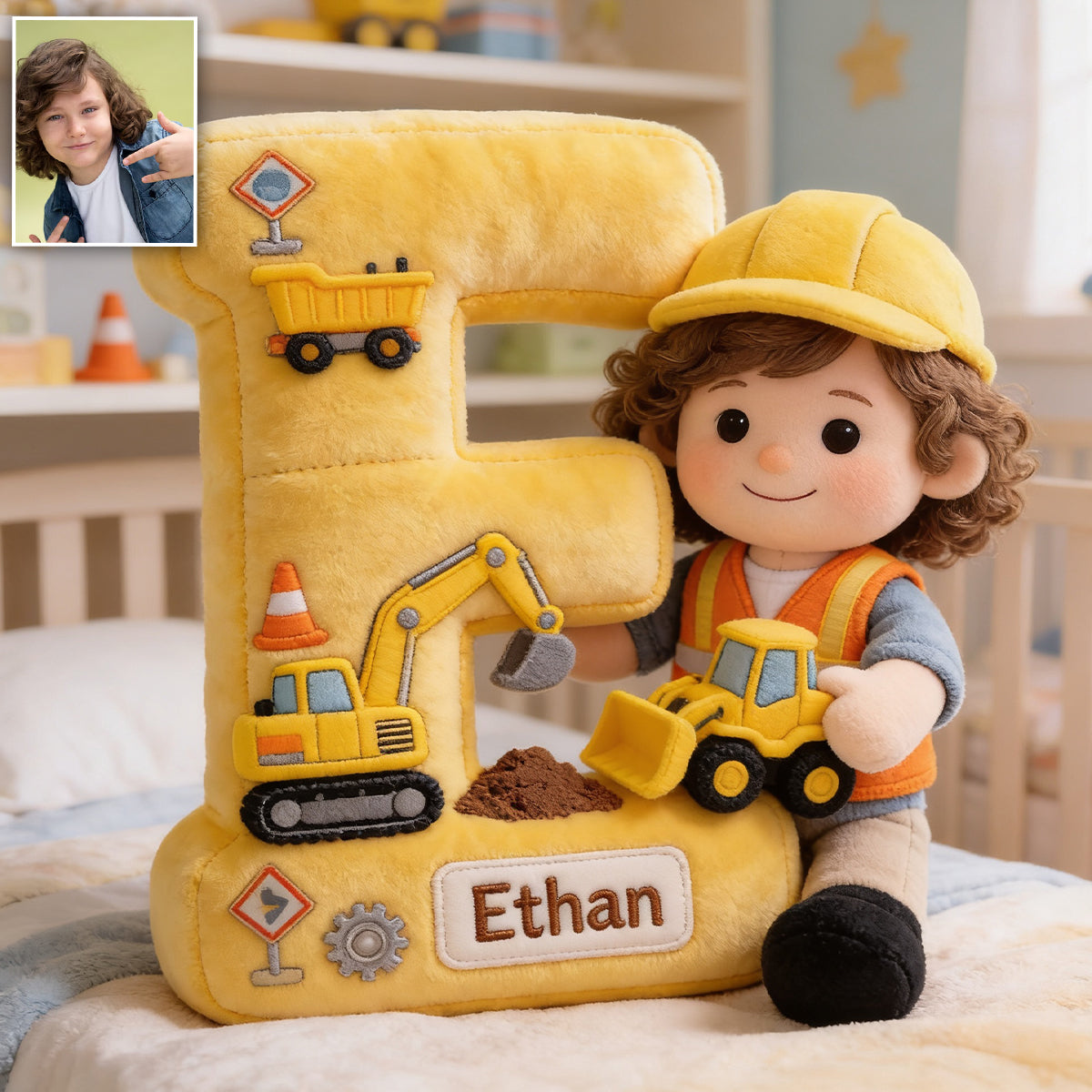 Bau Alphabet Buchstabe & Individuelles Foto - Personalisierte Premium Kunstfell Kissen für Kinder
