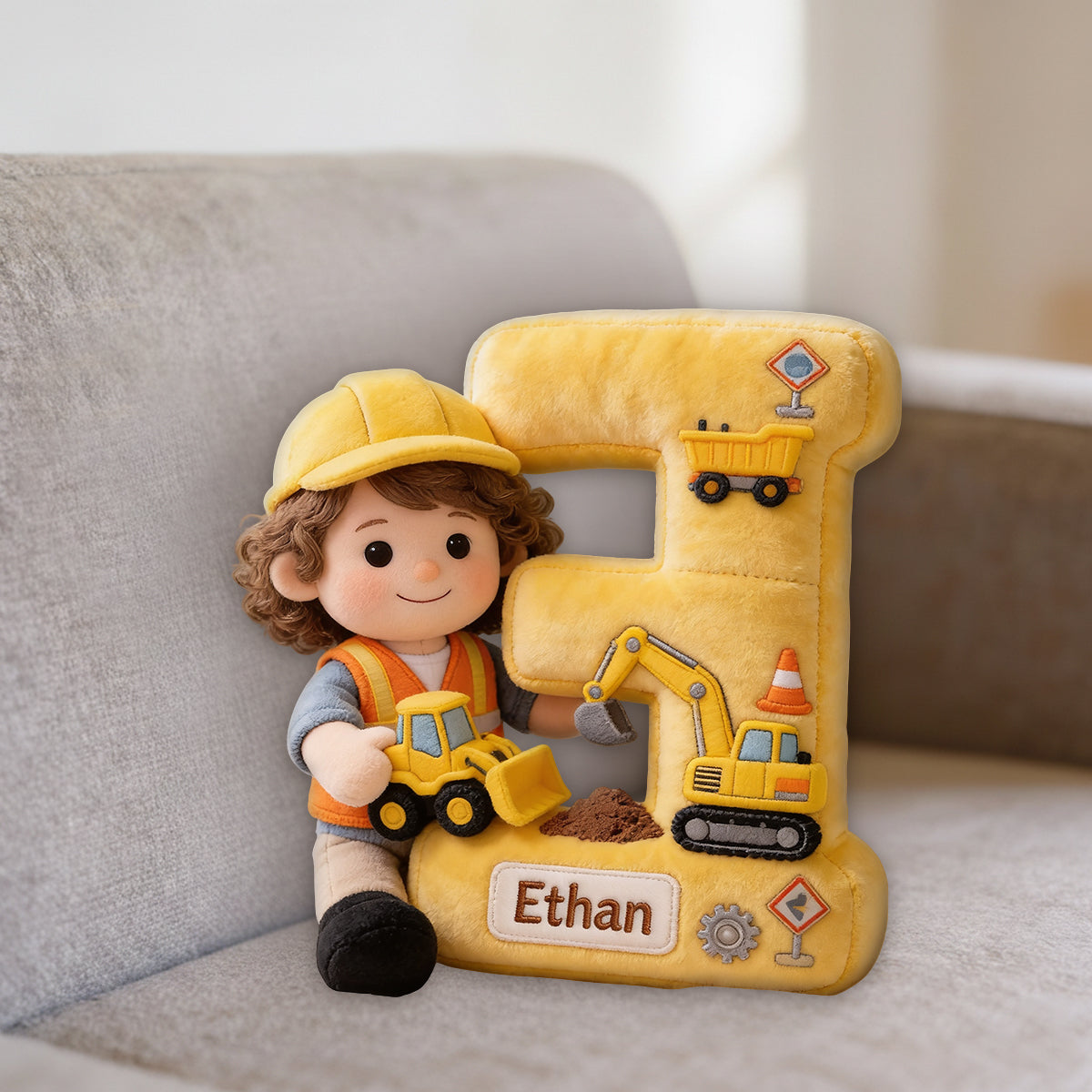 Bau Alphabet Buchstabe & Individuelles Foto - Personalisierte Premium Kunstfell Kissen für Kinder