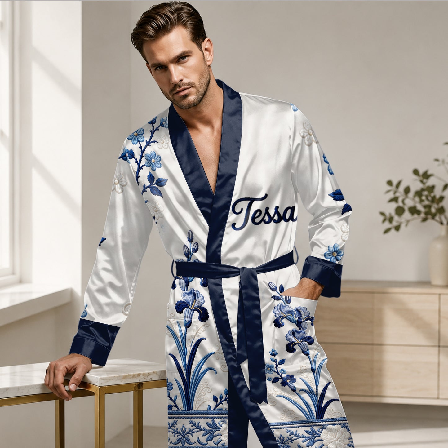 Any Flower, Birth Month Flower Toile de Jouy Style - Personalized Self Love Satin Robe