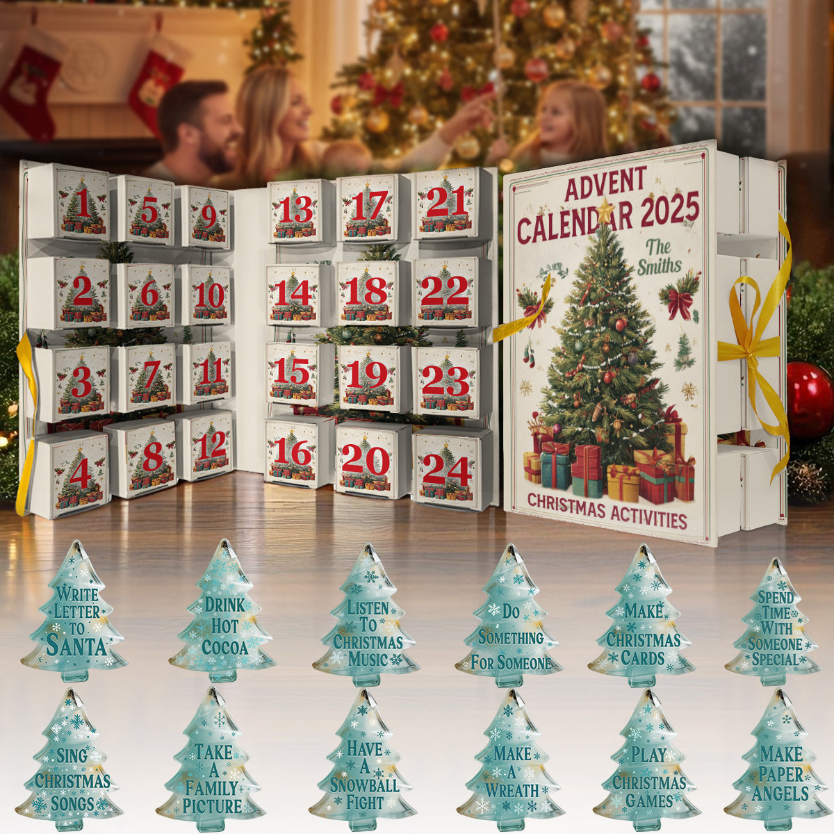 Activités de Noël - Calendrier de l'Avent familial pliable et personnalisé avec décorations