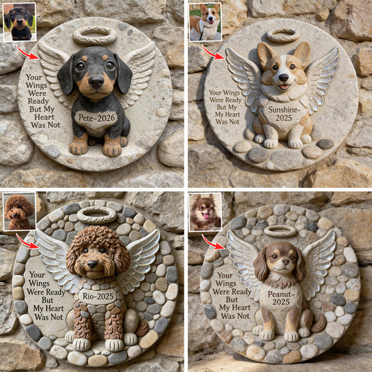 Deine Flügel waren bereit - Personalisierter runder Stein in Hundeform