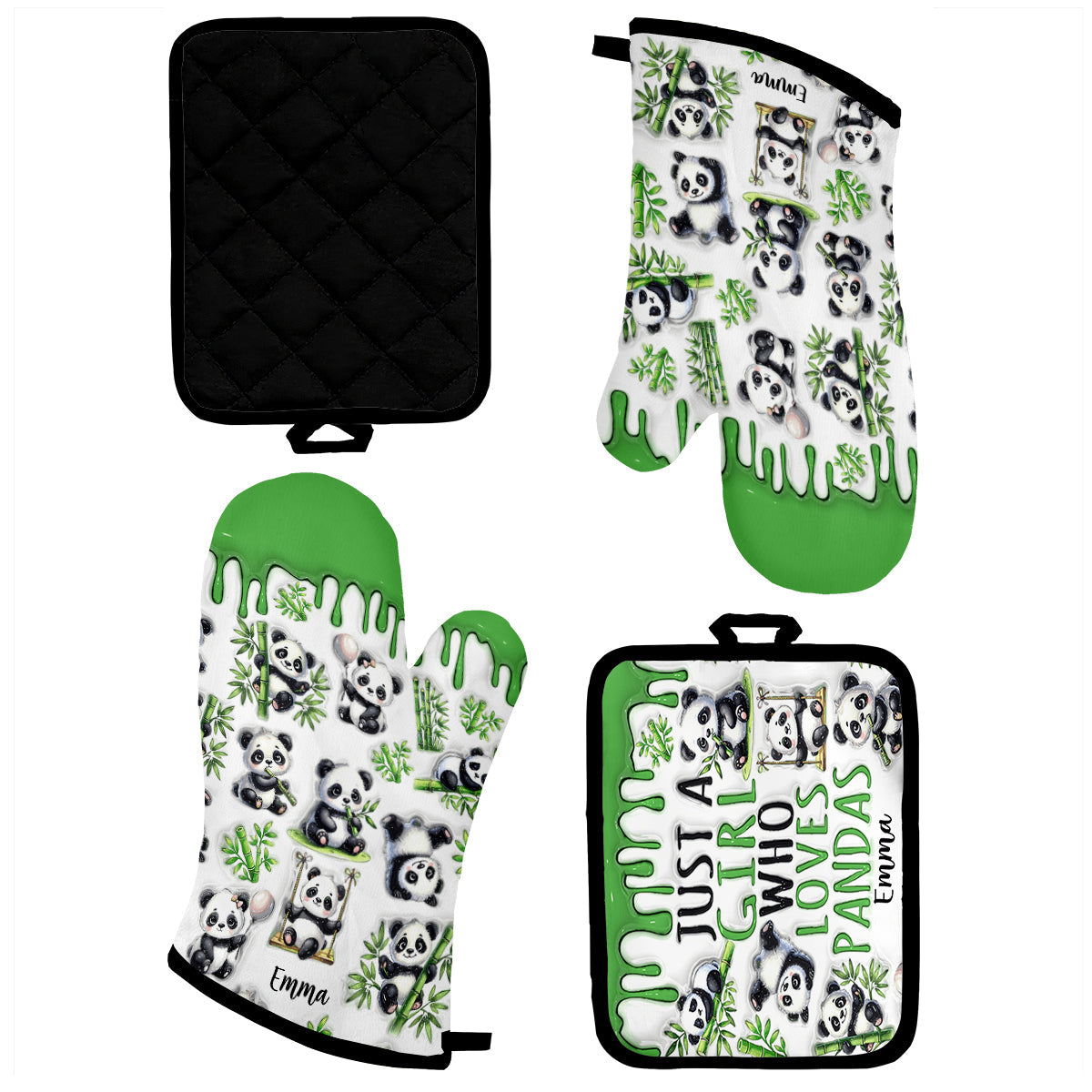 Une fille qui adore les pandas - Ensemble de gants de cuisine et maniques personnalisés