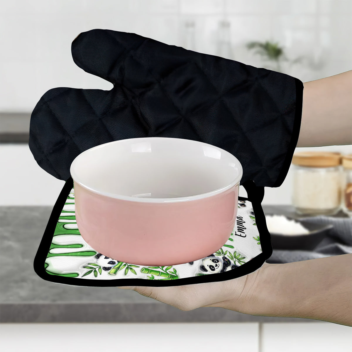 Une fille qui adore les pandas - Ensemble de gants de cuisine et maniques personnalisés