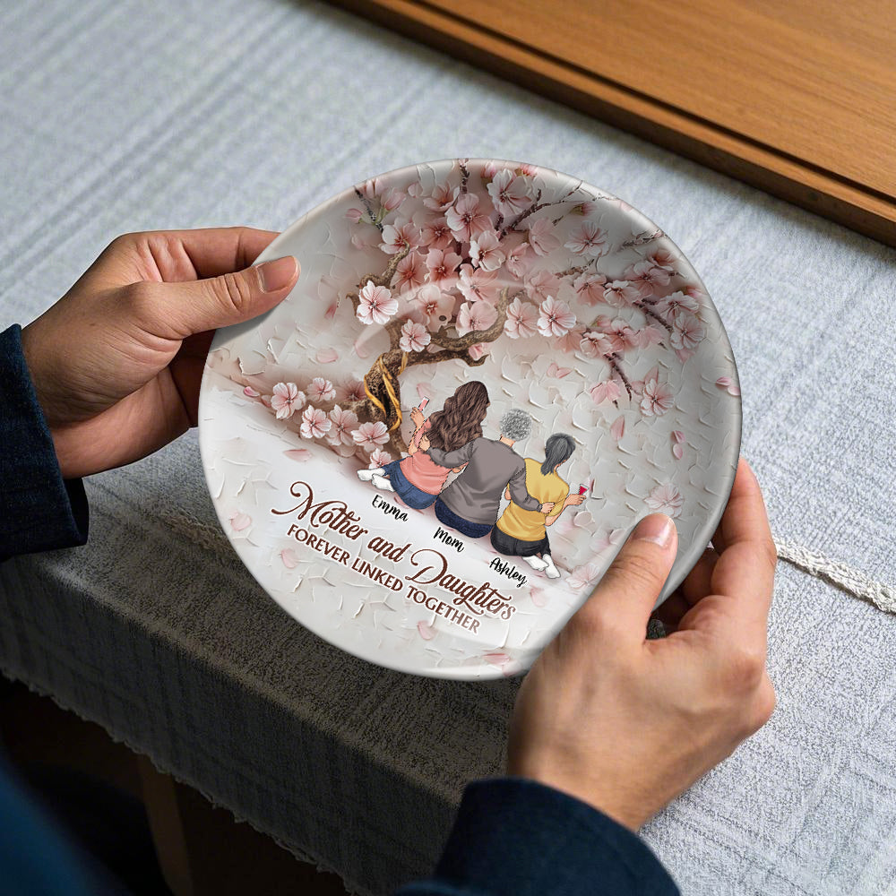 Mother And Daughters Forever Linked Together - Personalized Mother Ceramic Round Plate