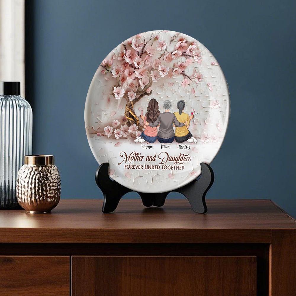 Mother And Daughters Forever Linked Together - Personalized Mother Ceramic Round Plate