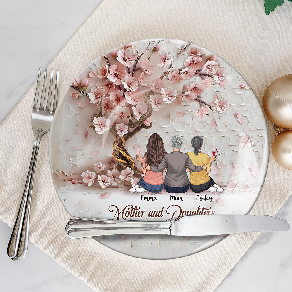 Mother And Daughters Forever Linked Together - Personalized Mother Ceramic Round Plate