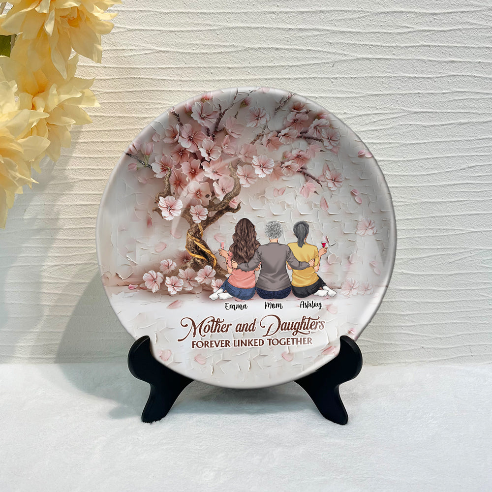 Mother And Daughters Forever Linked Together - Personalized Mother Ceramic Round Plate