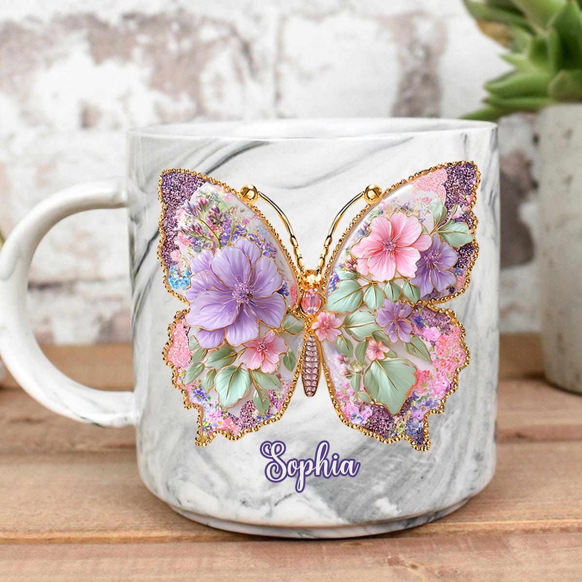 Schmetterlingsliebe – Personalisierter Schmetterlings-Marmorbecher