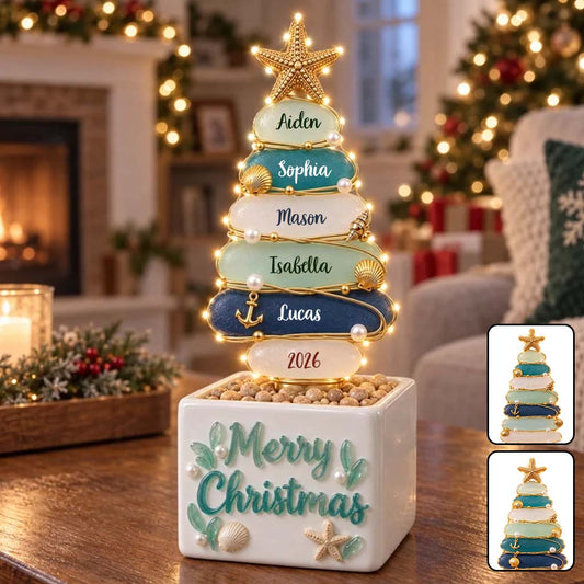 Frohe Weihnachten - Personalisierter Familien-LED-Lichtkeramiktopf