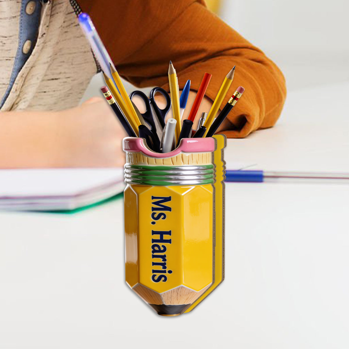 Pencil-Shaped Teacher Gift - Personalized Teacher Wooden Desk Organizer