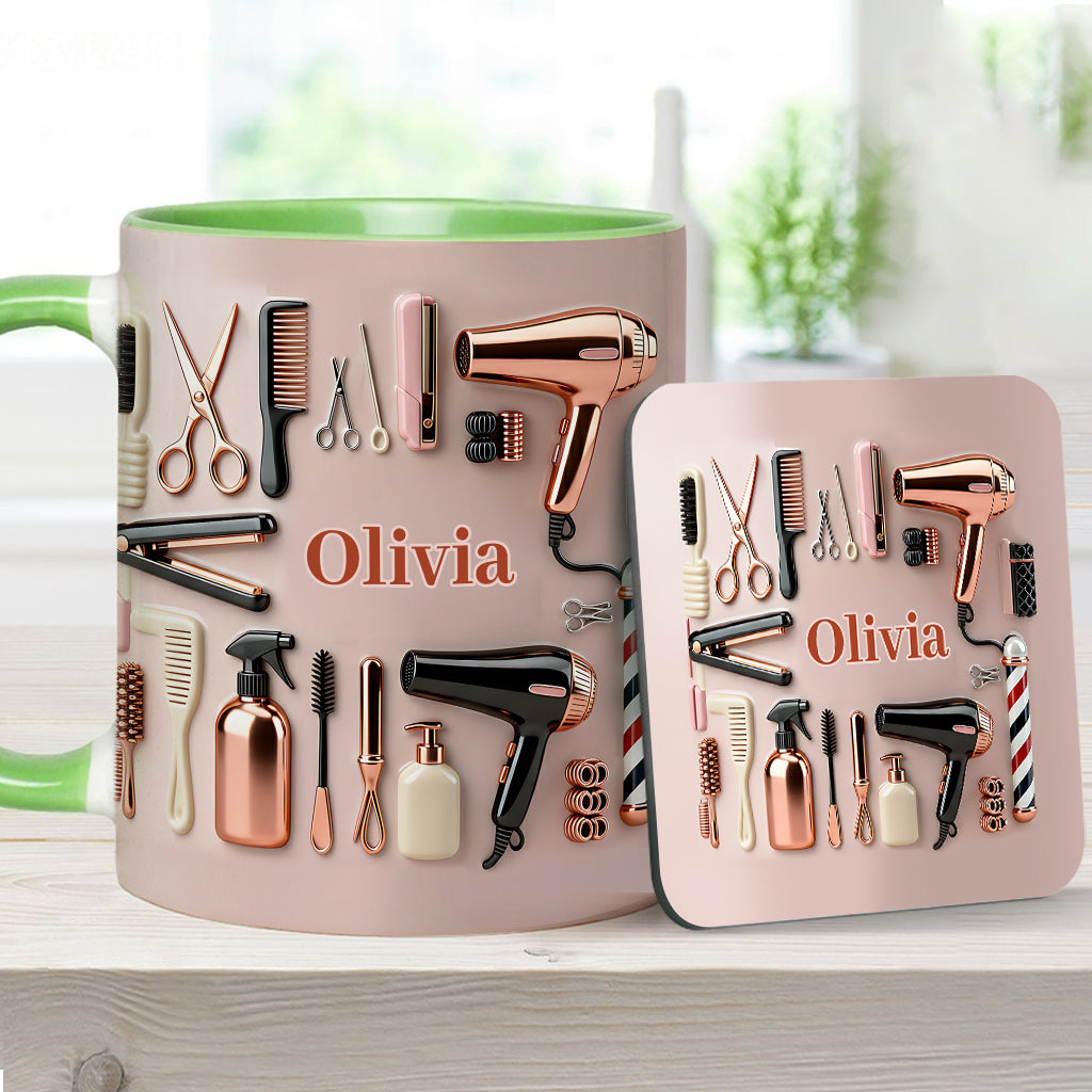 Stolze Friseurin – Personalisierte Tasse und Untersetzer mit Friseur-Motiv