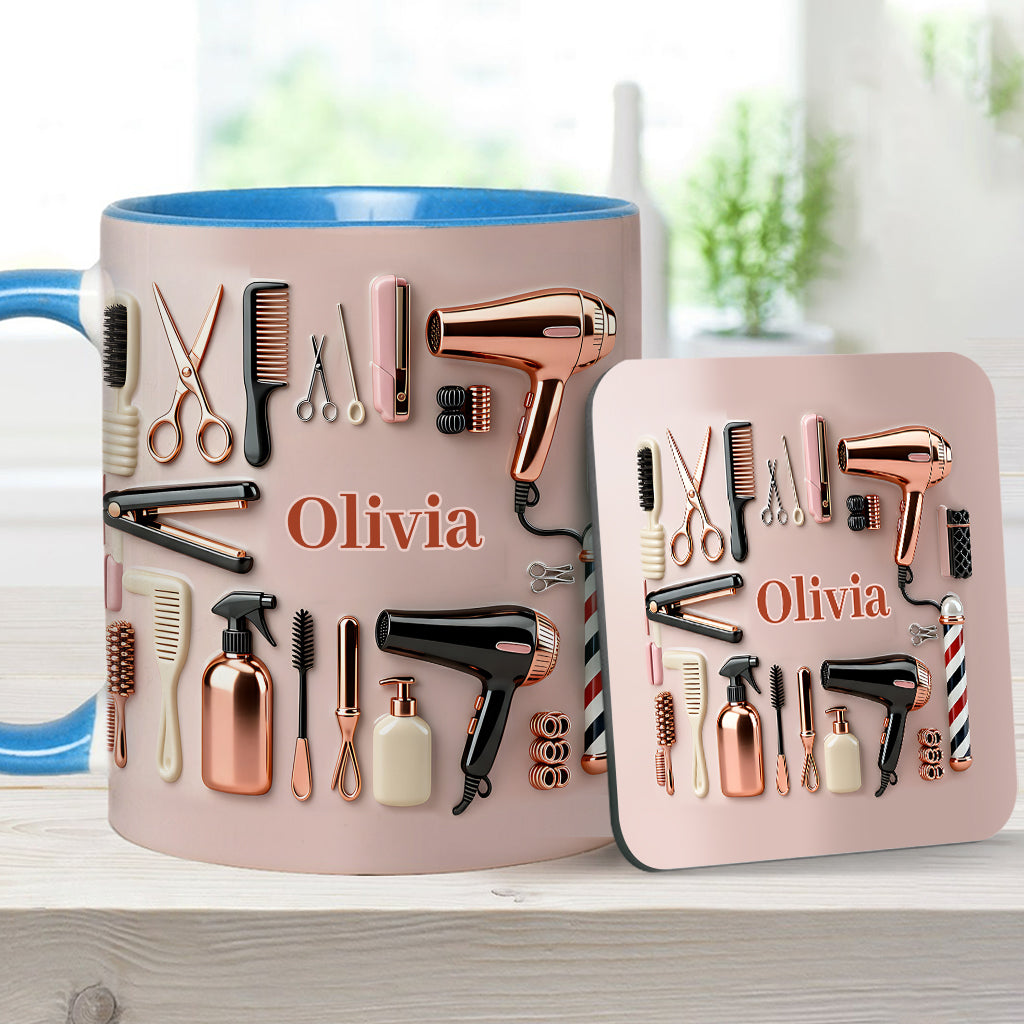 Stolze Friseurin – Personalisierte Tasse und Untersetzer mit Friseur-Motiv