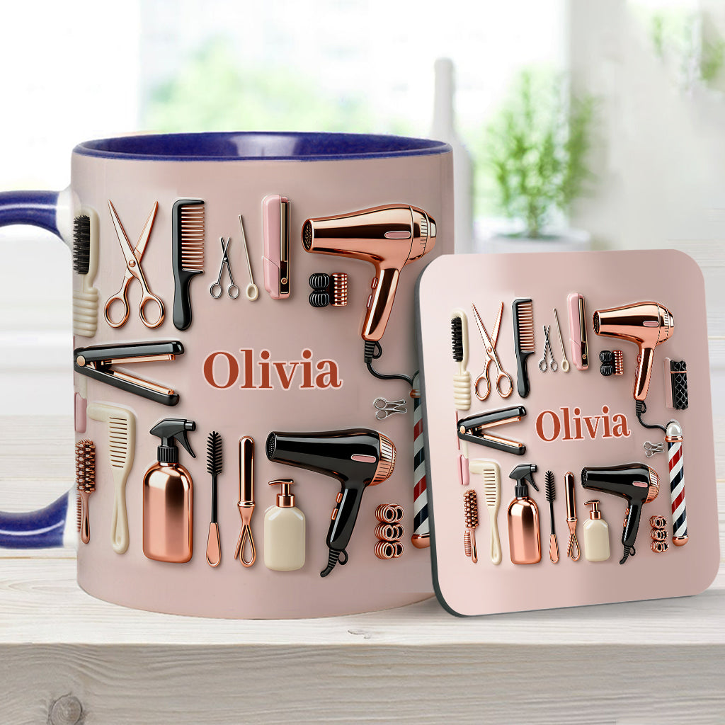 Stolze Friseurin – Personalisierte Tasse und Untersetzer mit Friseur-Motiv