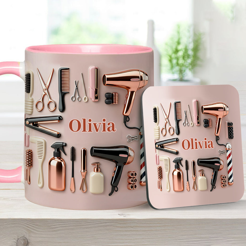 Stolze Friseurin – Personalisierte Tasse und Untersetzer mit Friseur-Motiv