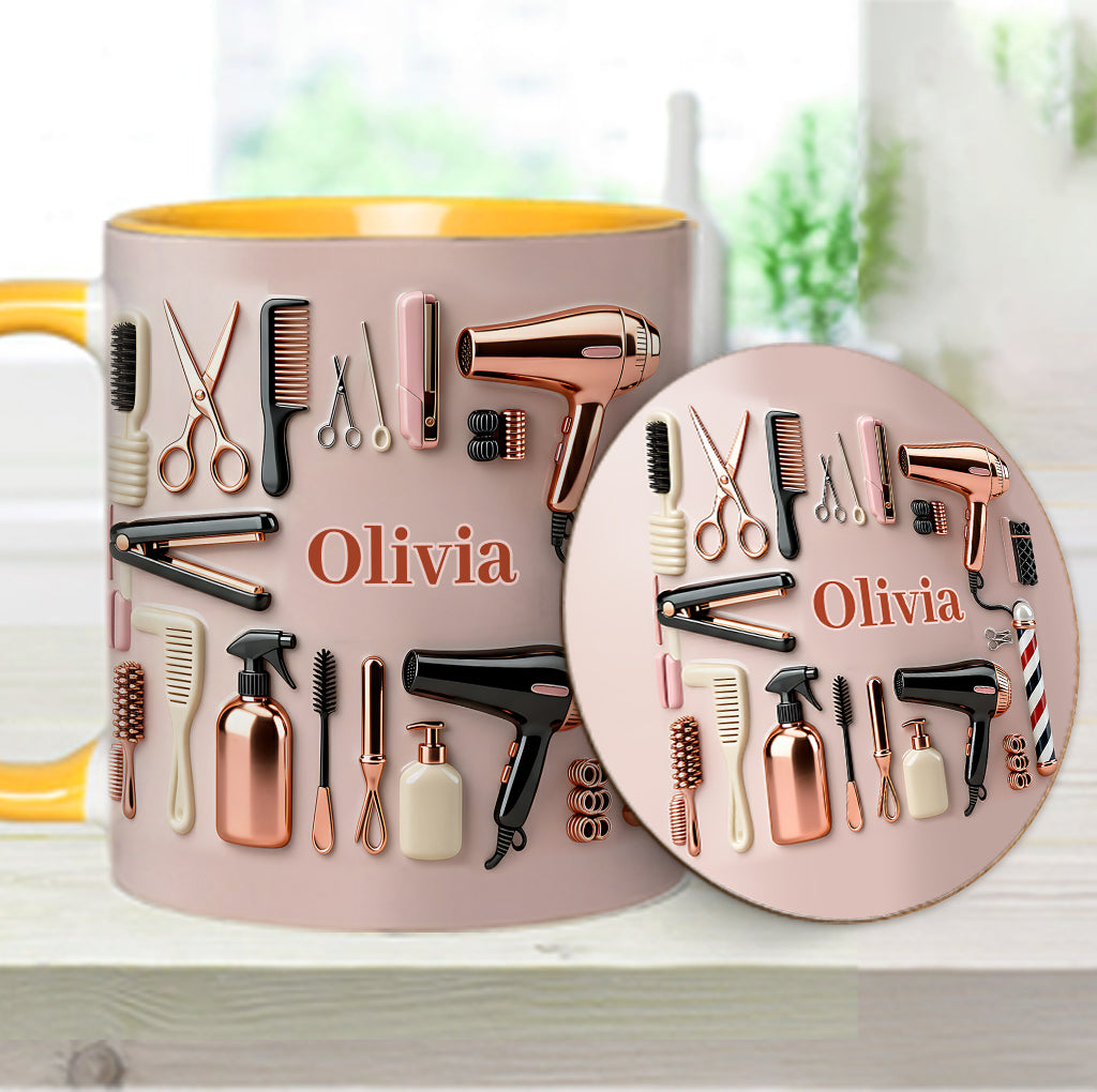 Stolze Friseurin – Personalisierte Tasse und Untersetzer mit Friseur-Motiv