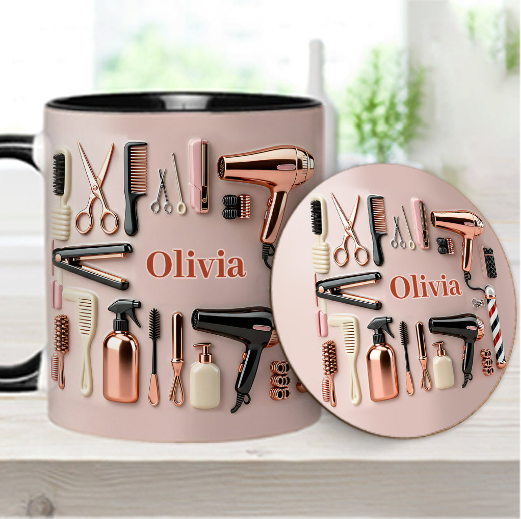 Stolze Friseurin – Personalisierte Tasse und Untersetzer mit Friseur-Motiv