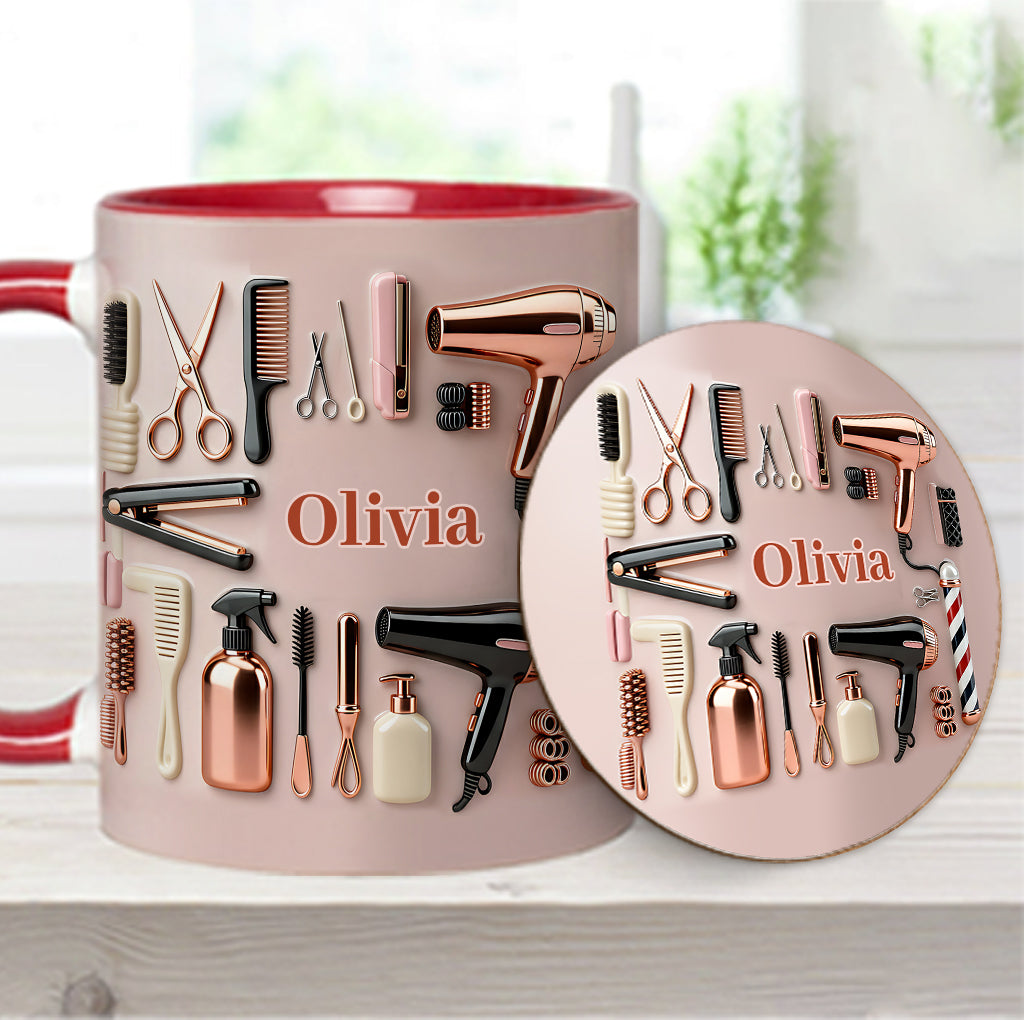 Stolze Friseurin – Personalisierte Tasse und Untersetzer mit Friseur-Motiv