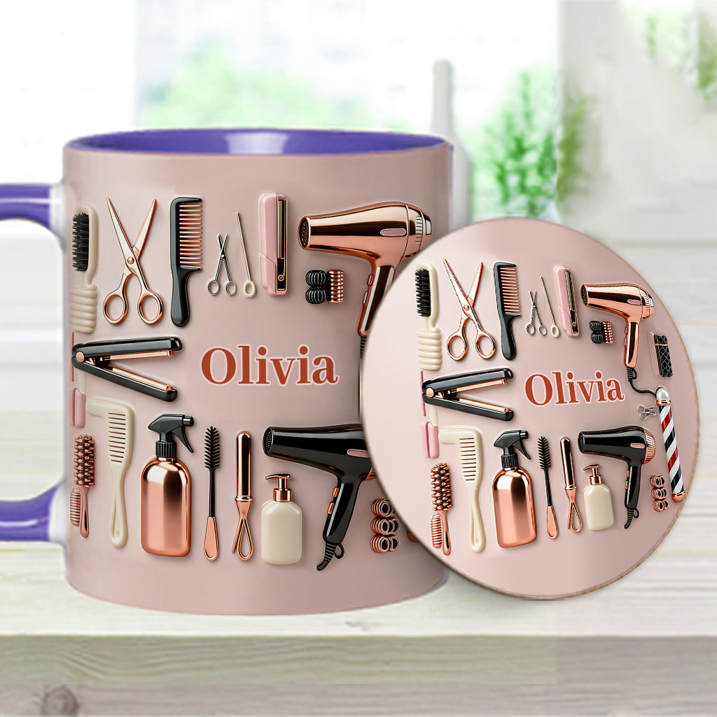 Stolze Friseurin – Personalisierte Tasse und Untersetzer mit Friseur-Motiv