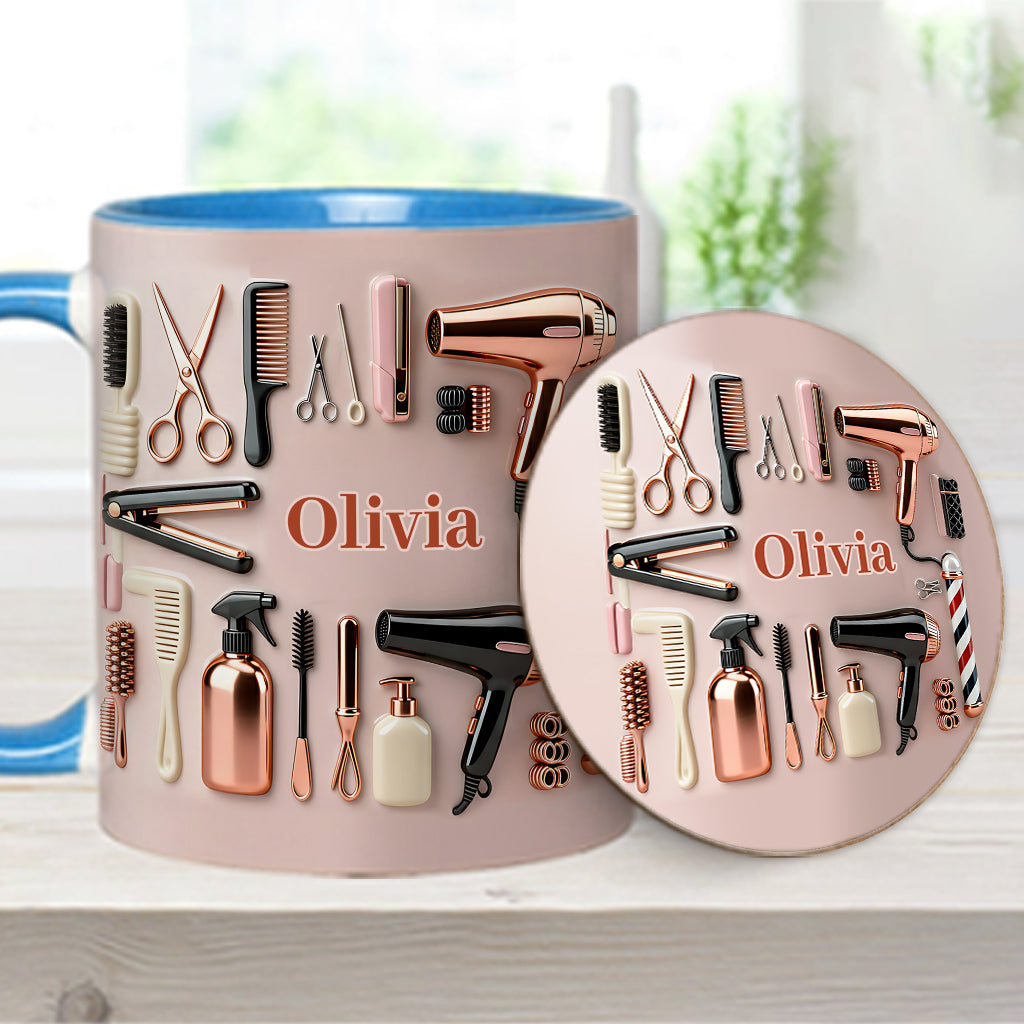 Stolze Friseurin – Personalisierte Tasse und Untersetzer mit Friseur-Motiv