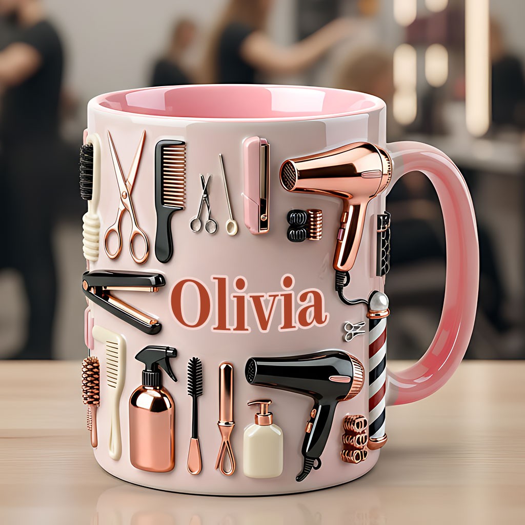 Stolze Friseurin – Personalisierte Tasse und Untersetzer mit Friseur-Motiv