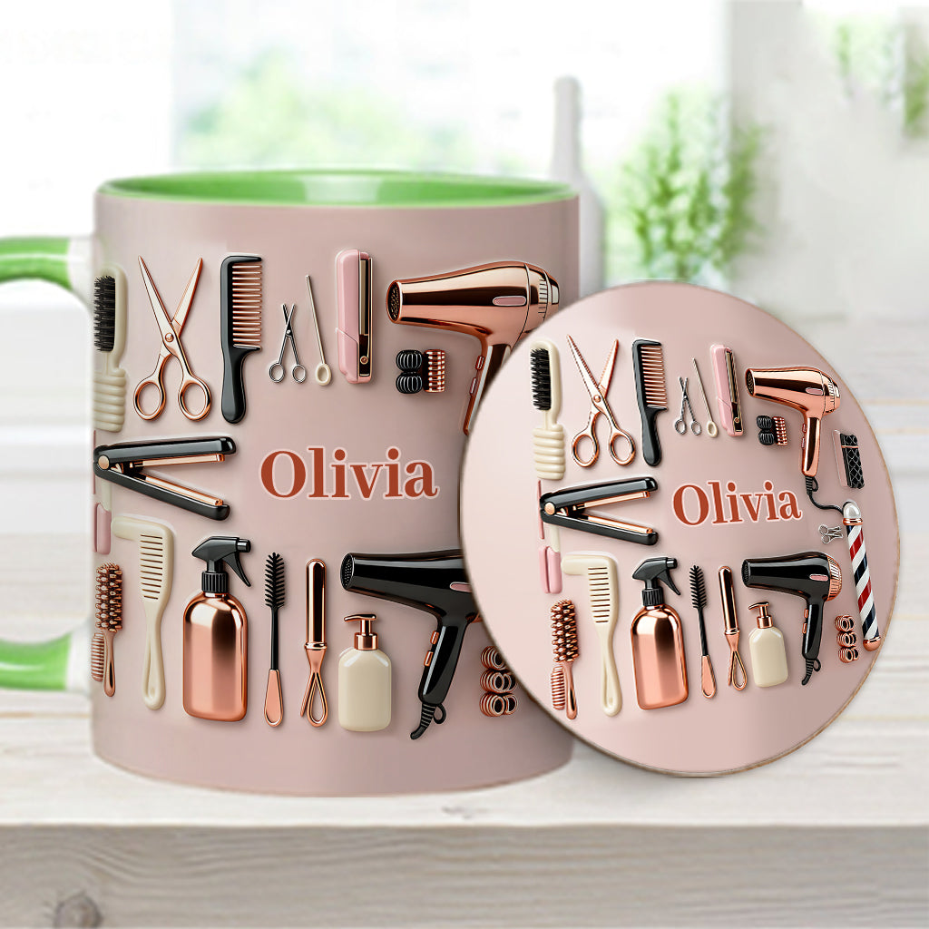 Stolze Friseurin – Personalisierte Tasse und Untersetzer mit Friseur-Motiv