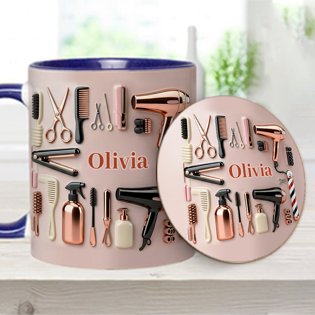Stolze Friseurin – Personalisierte Tasse und Untersetzer mit Friseur-Motiv