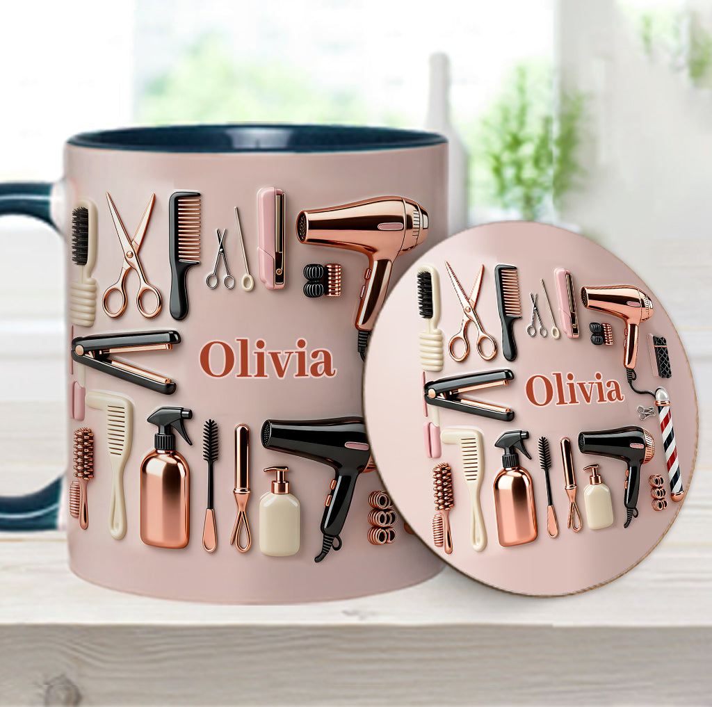 Stolze Friseurin – Personalisierte Tasse und Untersetzer mit Friseur-Motiv