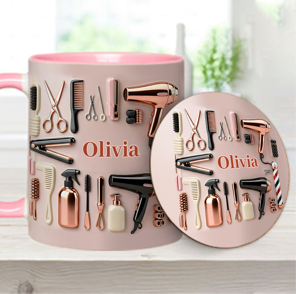 Stolze Friseurin – Personalisierte Tasse und Untersetzer mit Friseur-Motiv