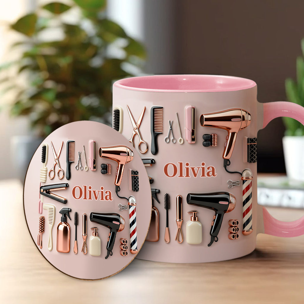 Stolze Friseurin – Personalisierte Tasse und Untersetzer mit Friseur-Motiv