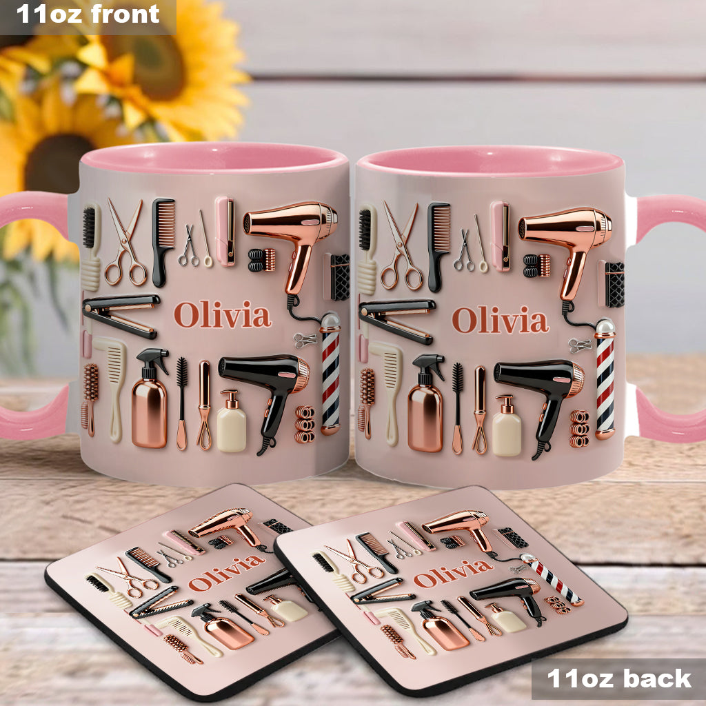Stolze Friseurin – Personalisierte Tasse und Untersetzer mit Friseur-Motiv