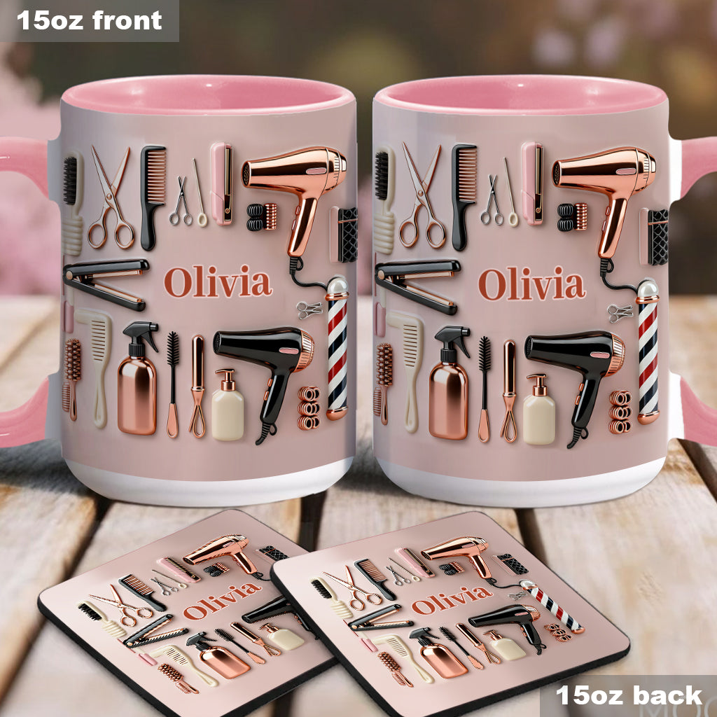 Stolze Friseurin – Personalisierte Tasse und Untersetzer mit Friseur-Motiv