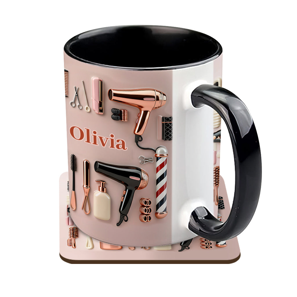 Stolze Friseurin – Personalisierte Tasse und Untersetzer mit Friseur-Motiv