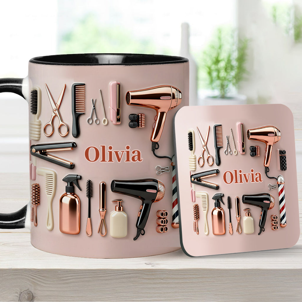 Stolze Friseurin – Personalisierte Tasse und Untersetzer mit Friseur-Motiv