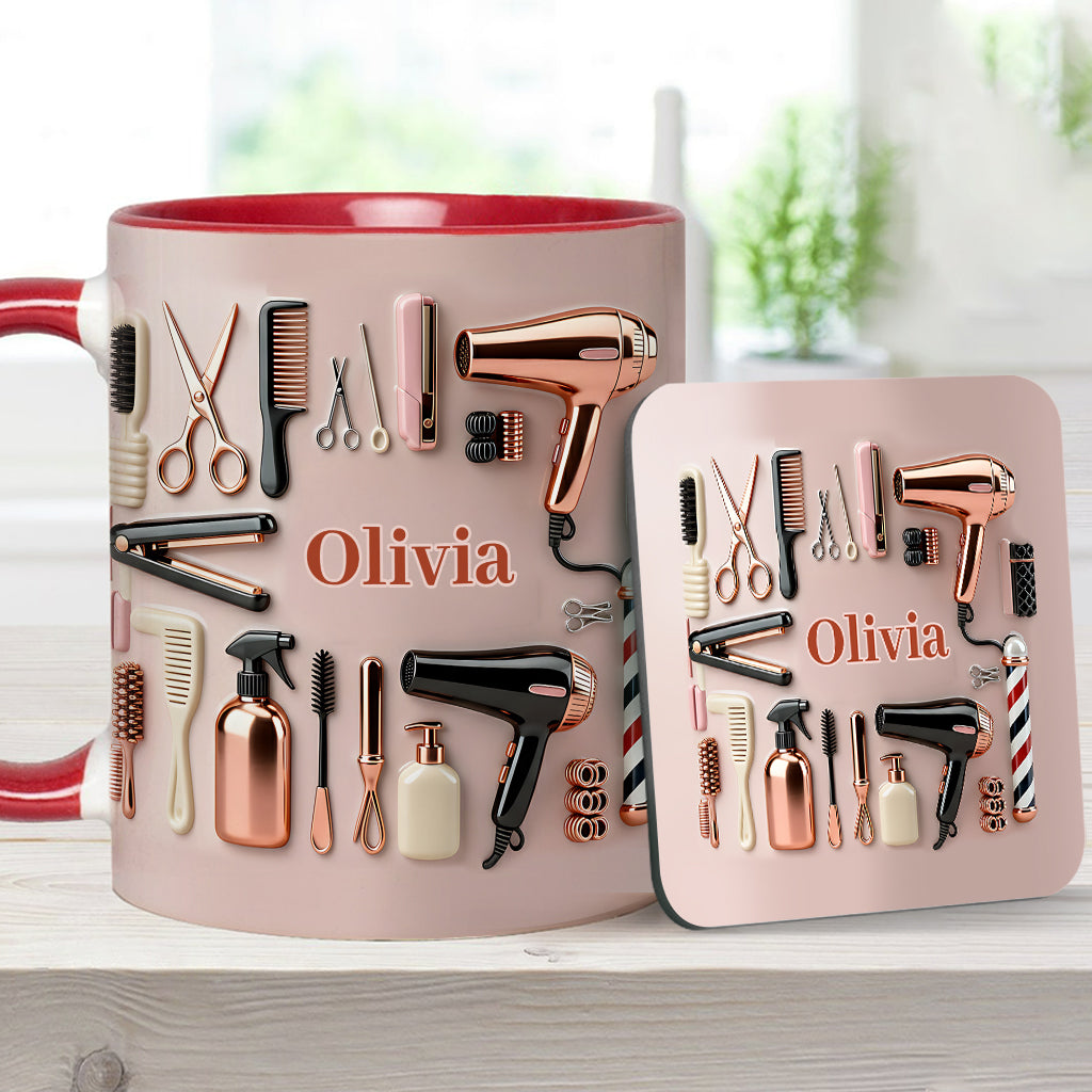 Stolze Friseurin – Personalisierte Tasse und Untersetzer mit Friseur-Motiv