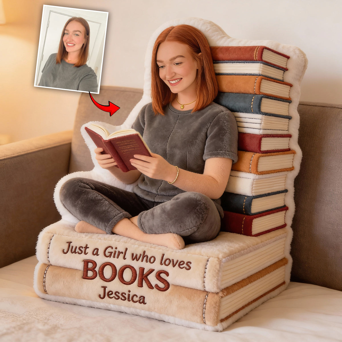 Einfach ein Mädchen, das Bücher liebt – personalisiertes Kissen in Buchform aus Kunstfell