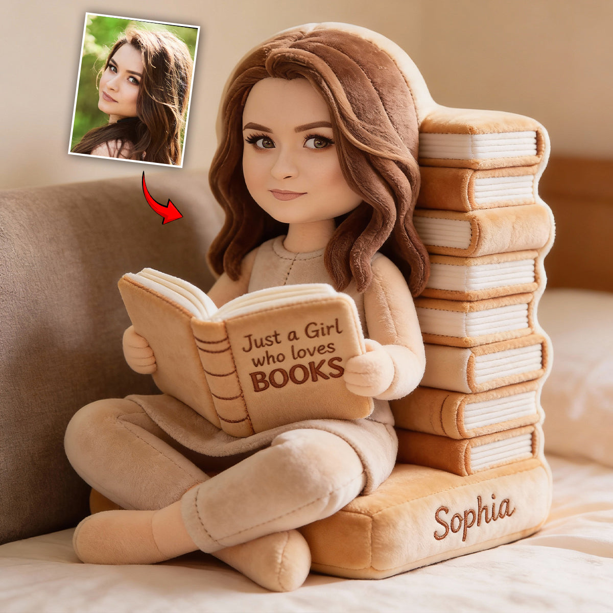 Einfach ein Mädchen, das Bücher liebt – personalisiertes Kissen in Buchform aus Kunstfell
