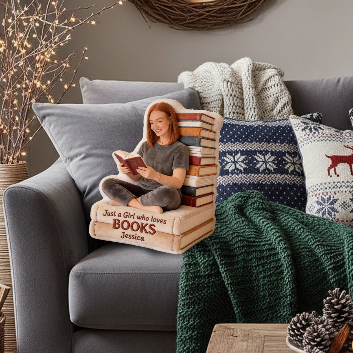 Einfach ein Mädchen, das Bücher liebt – personalisiertes Kissen in Buchform aus Kunstfell